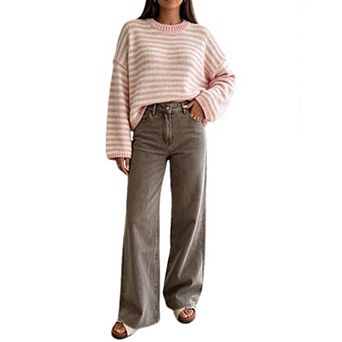 Women Oversized Striped Knit Sweater Crew Neck Pullover Top