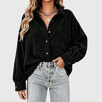 Womens Corduroy Oversized Shirt Collared V Neck Long Sleeve Button Up Blouses Loose Shacket Tops