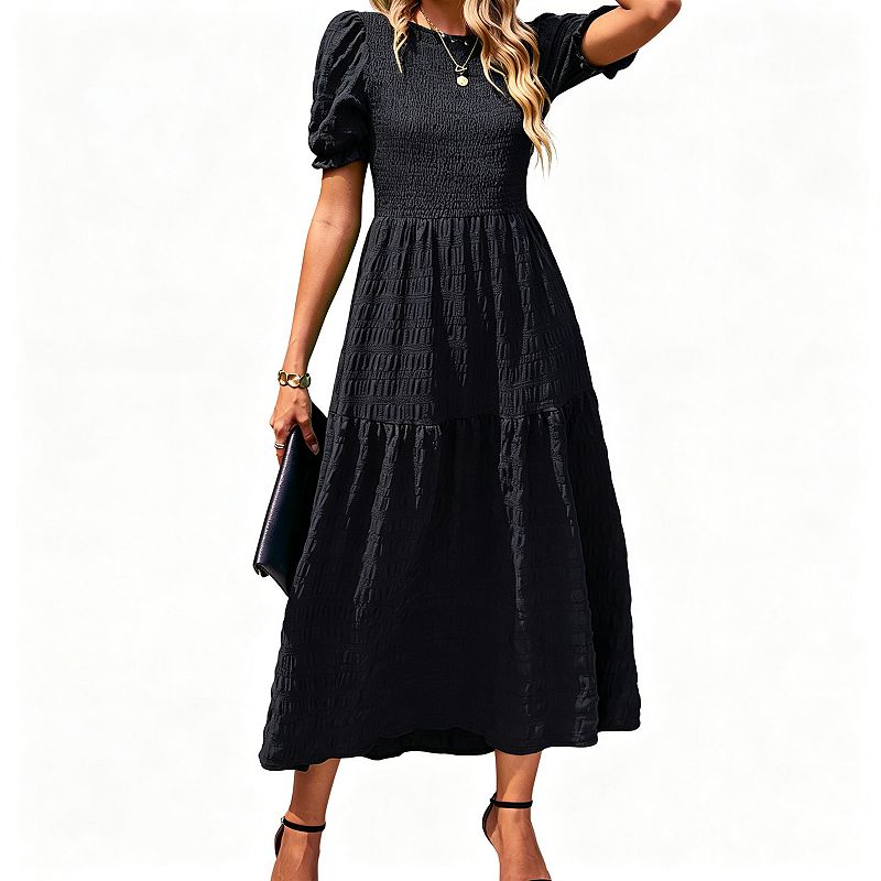 Women's Smocked Puff Sleeve A-Line Midi Dress, Flowy Boho Summer Wedding Guest Dress