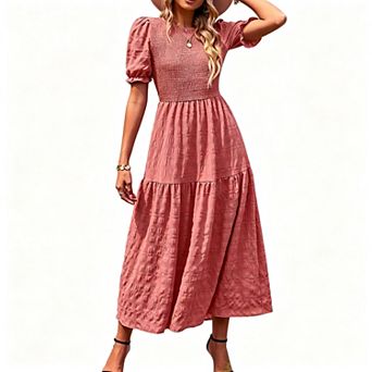 Women's Smocked Puff Sleeve A-Line Midi Dress, Flowy Boho Summer Wedding Guest Dress