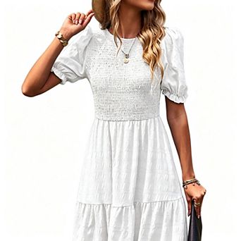 Women's Smocked Puff Sleeve A-Line Midi Dress, Flowy Boho Summer Wedding Guest Dress