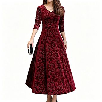 Women's Velvet Midi Dress, Long Sleeve Crew Neck Holiday Party Dress