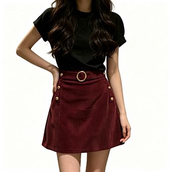 Women High Waist Corduroy Vintage Elegant Gold Hardware Decor Short Side Pocket Skirt