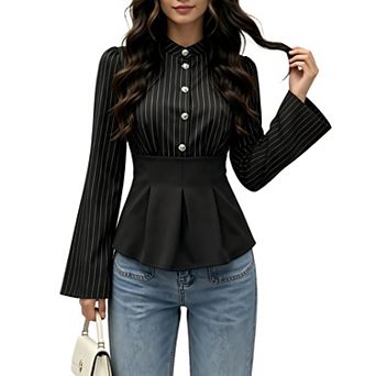 Women Striped Fitted Button Down Shirts Stand Collar Long Sleeve Shirt Office Work Blouse Tops