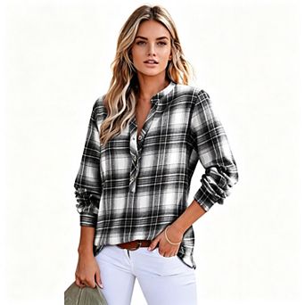 Women Plaid Henley Shirt, Half Button Stand Collar Back Pleated Long Sleeve Casual Blouse