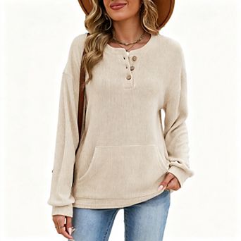 Women’s Henley Neck Ribbed Knit Pullover, Kangaroo Pocket Long Sleeve Relaxed Casual Top