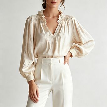 Women Pleated Ruffle v‑Neck Balloon Sleeve Smocked Loose‑Fit Casual Peasant Blouse