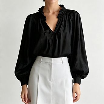 Women Pleated Ruffle v‑Neck Balloon Sleeve Smocked Loose‑Fit Casual Peasant Blouse