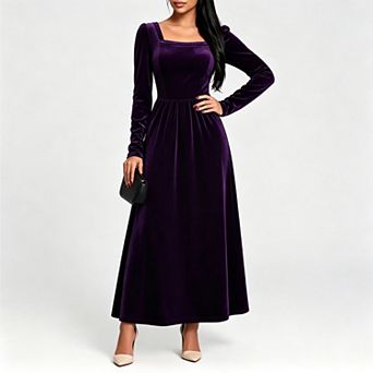 Women Velvet Long‑Sleeve Square Neck Gathered Swing Maxi Dress, Evening Cocktail Party Dress