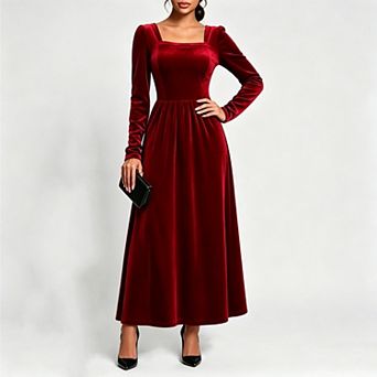 Women Velvet Long‑Sleeve Square Neck Gathered Swing Maxi Dress, Evening Cocktail Party Dress