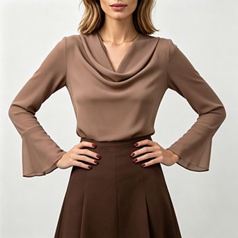 Women Elegant Cowl Neck Chiffon Long Trumpet Sleeve Formal Work Blouse