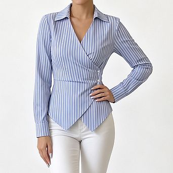 Women Business Work Tops Striped Wrap Asymmetrical Long Sleeve Slim Fit Casual Blouse Shirts