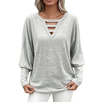 Women's Cutout V‑Neck Long Sleeve T‑Shirt Loose Dolman Sleeve Solid Color Soft Casual Pullover