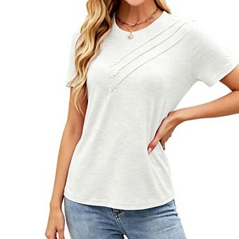 Women's Crew Neck Short Sleeve Blouse with Button Detail