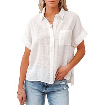 Women's Button Down Blouse Casual Short Sleeve Summer Tops with Pocket