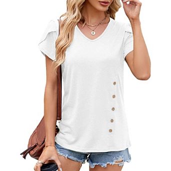 Women's Casual V Neck Blouse Short Sleeve Side Button Summer Blouses