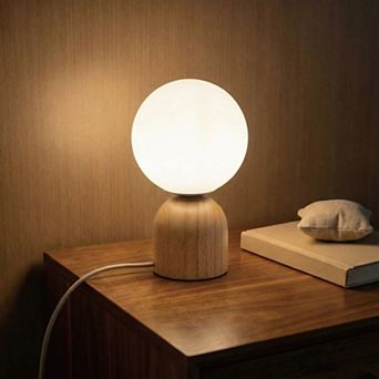Opal Glass Globe Accent Lamp with Wood Base & Dimmer