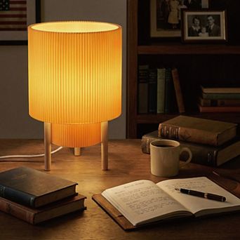 2 tier Pleated Fabric Table Lamp with Natural Wood Base and Dimmer