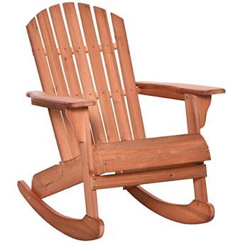 Teak Wood Adirondack Rocking Chair, Slatted Fanned Back Outdoor Rocker with Ergonomic Armrest