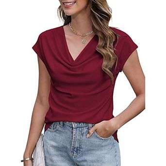 Women's Cowl Neck Short Sleeve Blouse Soft Stretchy Casual Top