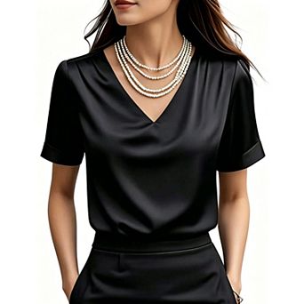 Women's V-Neck Short Sleeve Blouse Elegant Top for Work Office Business