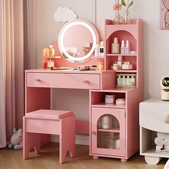 Vabches Kids Vanity Set with Mirror and Lights, Stool and Storage