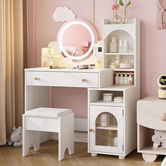 Vabches Kids Vanity Set with Mirror and Lights, Stool and Storage