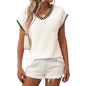 Women's V Neck Knit Sweater Vest Casual Cap Sleeve Top with Contrast Stitch Trim