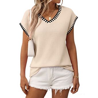 Women's V Neck Knit Sweater Vest Casual Cap Sleeve Top with Contrast Stitch Trim