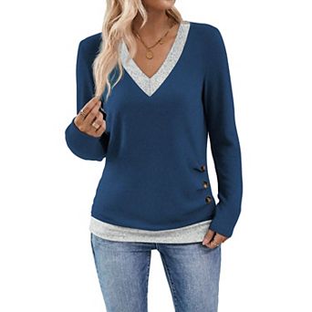 Women's V-Neck Long Sleeve Shirt Soft Casual Pullover Top