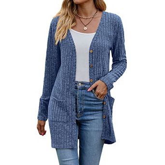 Women's Knit Long Cardigan Button Down V-Neck Sweater with Pockets