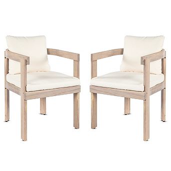 Set of 2 Light White Acacia Wood Outdoor Dining Chairs with Cream Cushion,Patio Barrel Accent Chairs