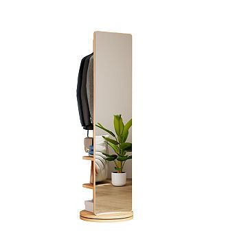 66"x17.8" 360° Rotatable Solid Wood Floor Mirror with Hooks Coat Rack Space Saving White