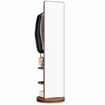 66"x17.8" 360° Rotatable Solid Wood Floor Mirror with Hooks Coat Rack Space Saving White