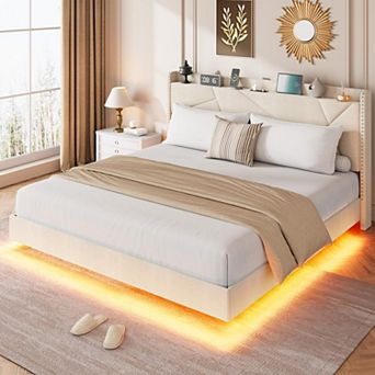 Contemporary Floating Bed Frame with LED Lights and Charging Station, Upholstered Storage Headboard