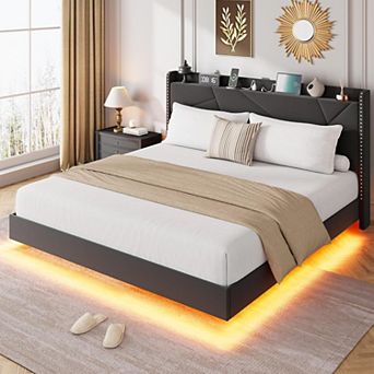 Contemporary Floating Bed Frame with LED Lights and Charging Station, Upholstered Storage Headboard