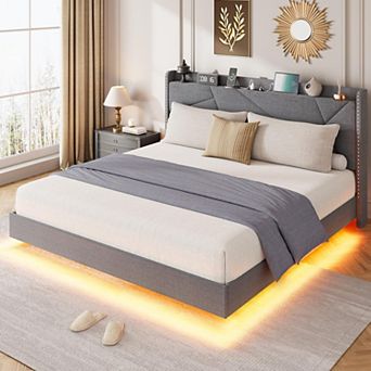 Contemporary Floating Bed Frame with LED Lights and Charging Station, Upholstered Storage Headboard