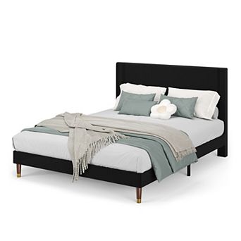 Modern Upholstered Platform Bed Frame with Headboard, Sturdy Metal & Wooden Slats, Noise-Free