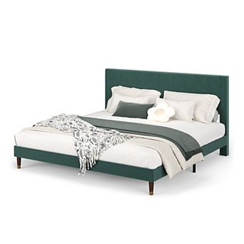 Modern Upholstered Platform Bed Frame with Headboard, Sturdy Metal & Wooden Slats, Noise-Free