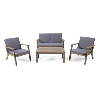 Outdoor Acacia 4-Seat Set, Loveseat+Coffee Table+2 Club Chairs Brown Patina+Cream Cushion