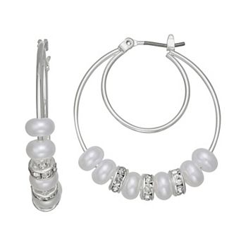 You're Invited Silver Tone Simulated Pearl Rondelle Click-It Hoop Earrings