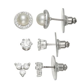 You're Invited 3-Pair Silver Tone Simulated Pearl & Crystal Accent Stud Earring Set