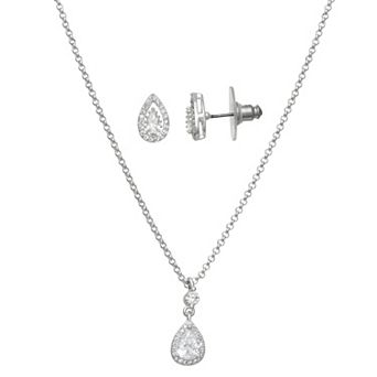 You're Invited Silver Tone Crystal Polished Teardrop Necklace & Earring Set