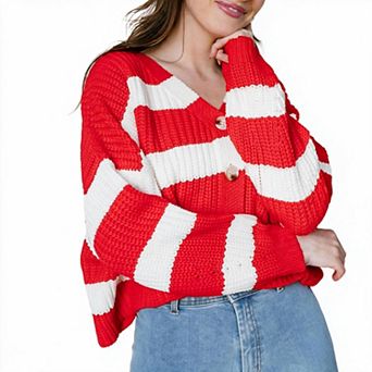 XuBa Women's Striped V-Neck Cardigan Long Sleeve Knit Sweater