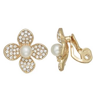You're Invited Gold Tone Simulated Pearl Textured Flower Clip-On Earrings