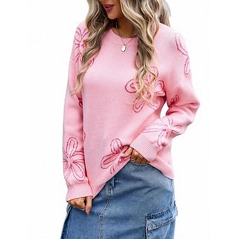 XuBa Women's Floral Crew Neck Sweater Long Sleeve Knit Pullover