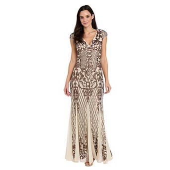 Women's R&M Richards Cap Sleeve Godet Evening Gown with Sequin Detail