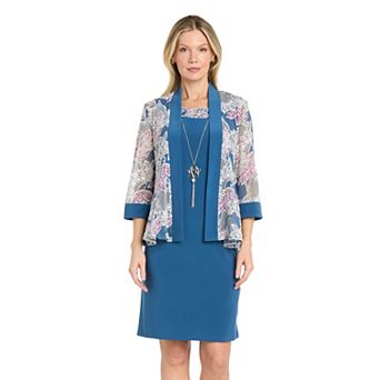 Women's R&M Richards 2 pc Floral Mesh Jacket & Dress with Necklace