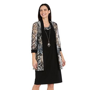 Women's R&M Richards 3 pc Puff Print Power Mesh Jacket, Dress, & Necklace Set
