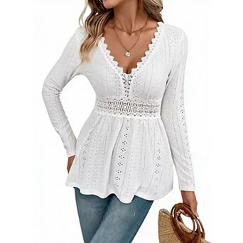 Women's V Neck Long Sleeve T-Shirt With Waist Shaping Detail